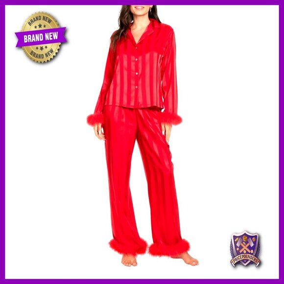 Other - Silk Satin Pajama Set Long Sleeve Heart Print Feather Trim Lounge Wear